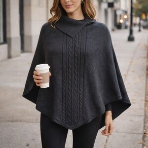 Vintage ESCIO Korean Knit Faded Black Cable Asymmetrical Collar‎ Sweater Poncho